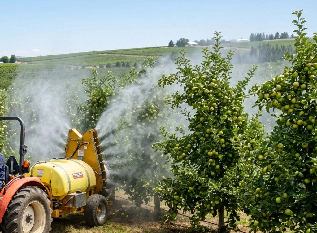 Agricultural tractor with airblast sprayer applying protectant through crop rows