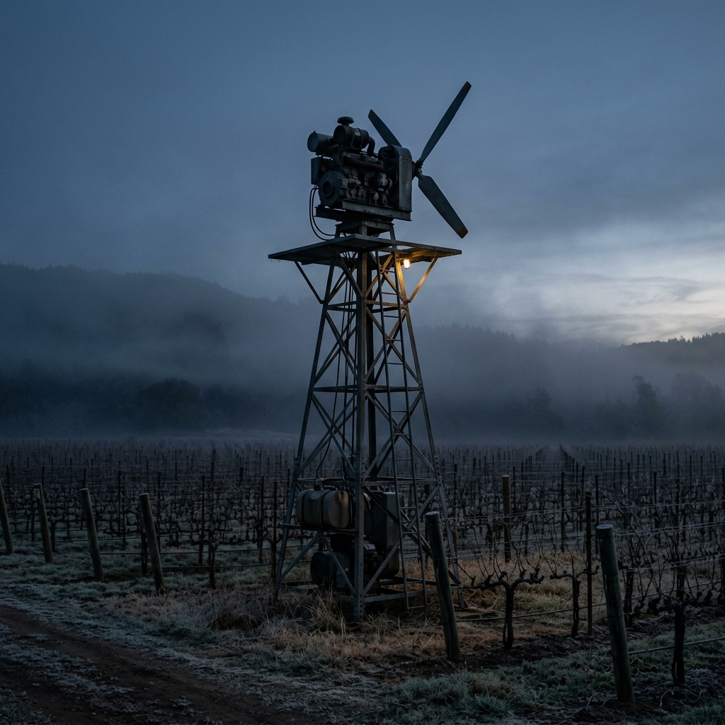 Agricultural frost protection wind fan tower standing in vineyard at dawn